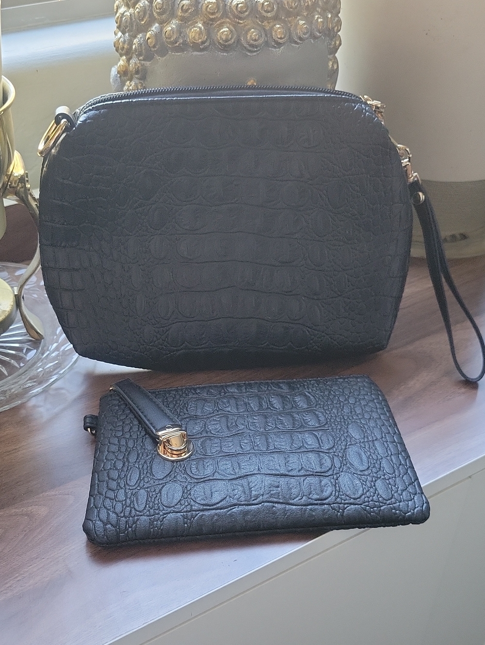 Black Croc-Embossed Cosmetic Bag Set